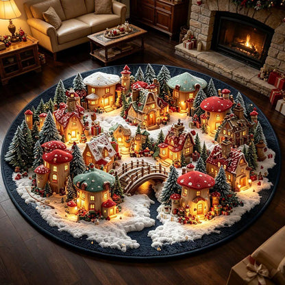 Magical Christmas Mushroom Village Round Rug - J098