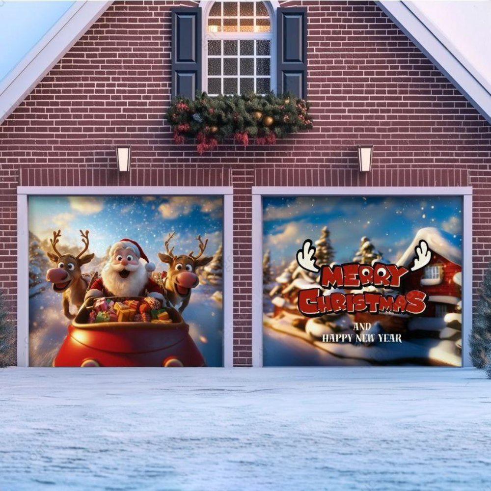 Santa & Reindeers Christmas Garage Door Covers D486