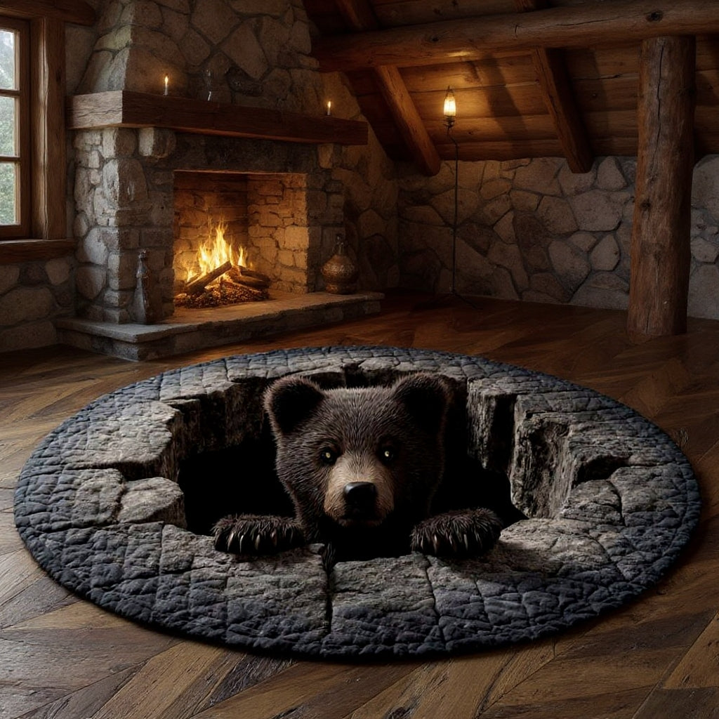 Bear Burrow - 3D Illusion Bear Round Rug - Holiday Bear