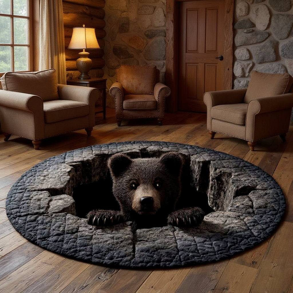 Bear Burrow - 3D Illusion Bear Round Rug - Holiday Bear