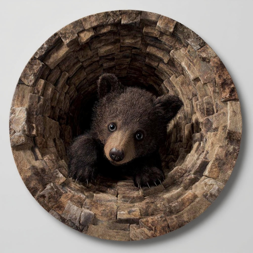 Bear Burrow - 3D Illusion Bear Round Rug - Stone Well Bear