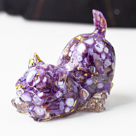 Dark Purple - Handmade Natural Crystal Gemstone Cat with Raised Tail