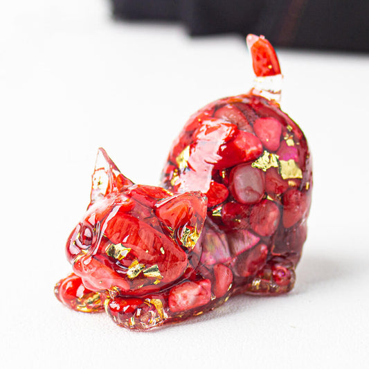 Deep Crimson - Handmade Natural Crystal Gemstone Cat with Raised Tail