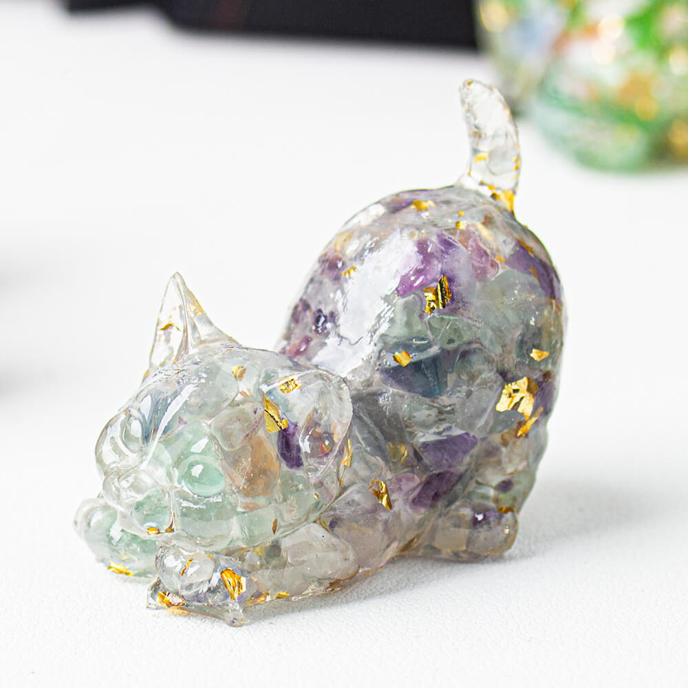 Fluorite - Handmade Natural Crystal Gemstone Cat with Raised Tail