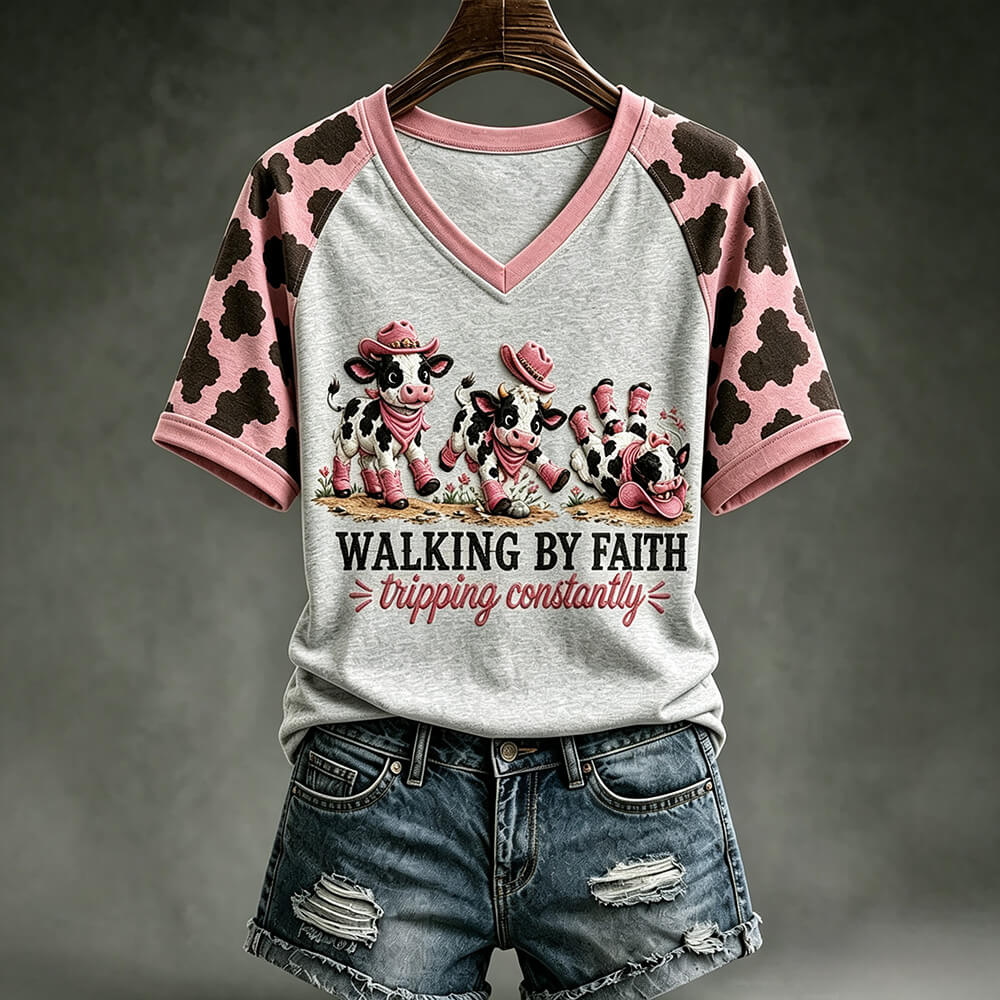 Walking By Faith T-Shirt - Funny Cow Graphic V-neck Tee