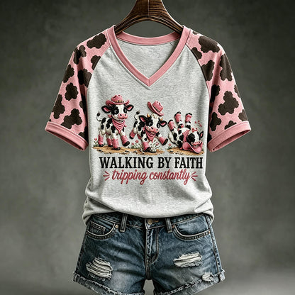 Walking By Faith T-Shirt - Funny Cow Graphic V-neck Tee