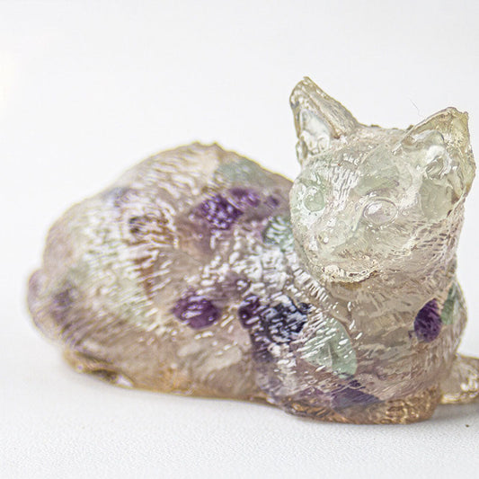 Fluorite - Handmade Natural Crystal Gemstone Lying Cat