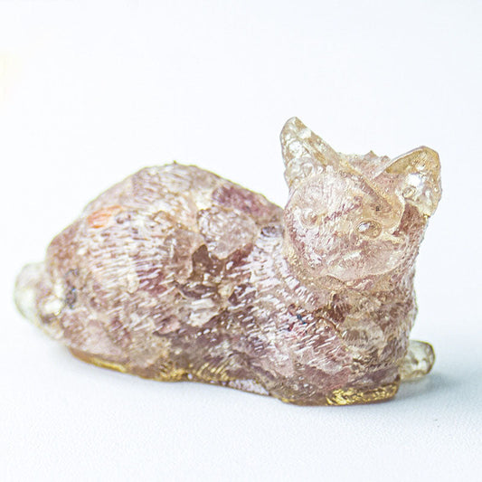 Strawberry Quartz - Handmade Natural Crystal Gemstone Lying Cat