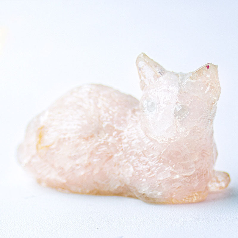 Rose Quartz - Handmade Natural Crystal Gemstone Lying Cat