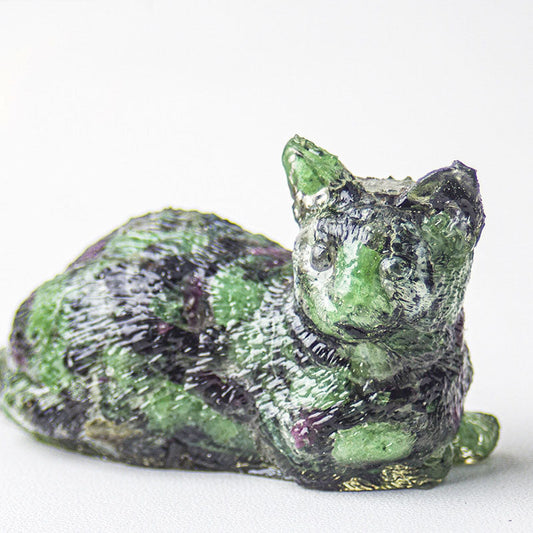 Epidote - Handmade Natural Crystal Gemstone Lying Cat