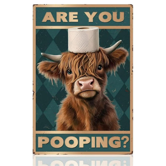 Vintage Highland Cow Metal Sign – Funny "Are You Pooping?" Wall Decor - BW021
