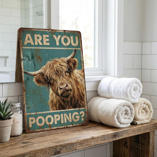 Vintage Highland Cow Metal Sign – Funny "Are You Pooping?" Wall Decor - BW027