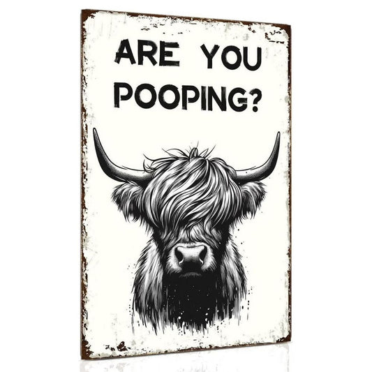 Vintage Highland Cow Metal Sign – Funny "Are You Pooping?" Wall Decor - BW030
