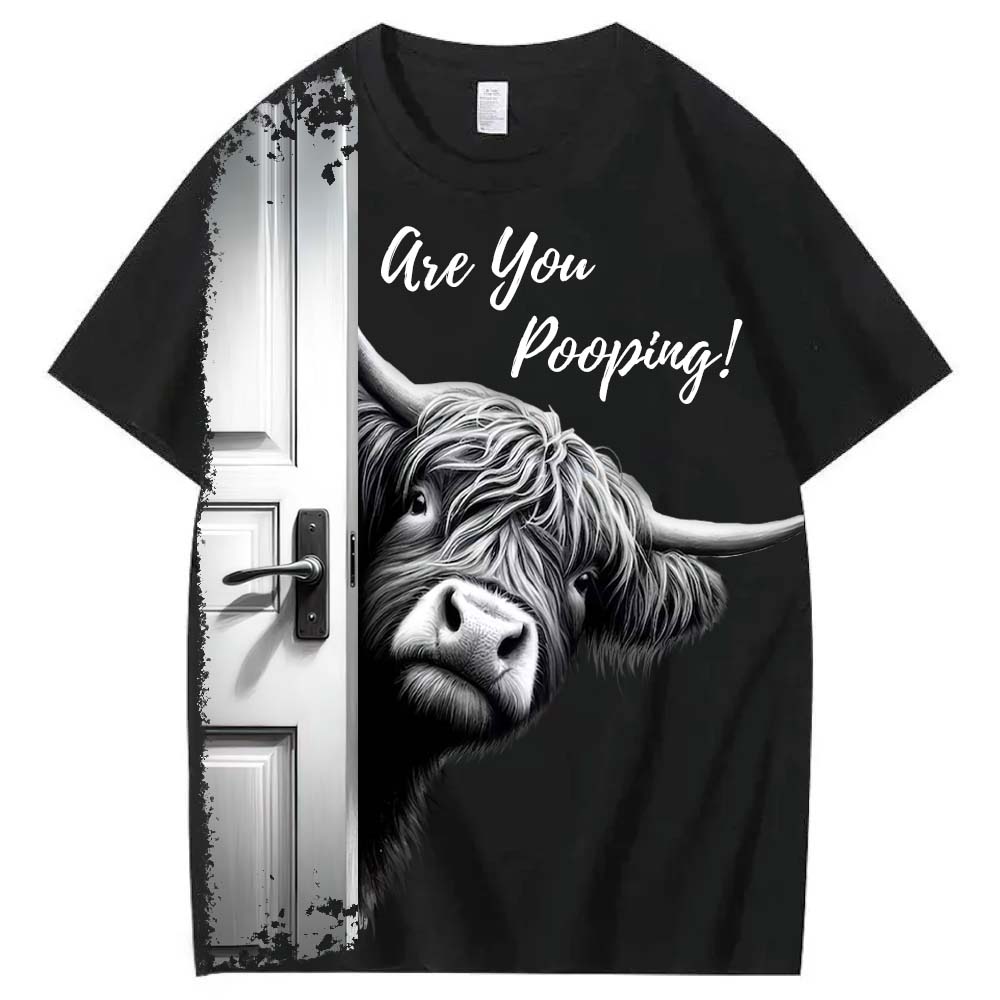 Funny Highland Cow "Are You Pooping?" Short Sleeve T-shirt