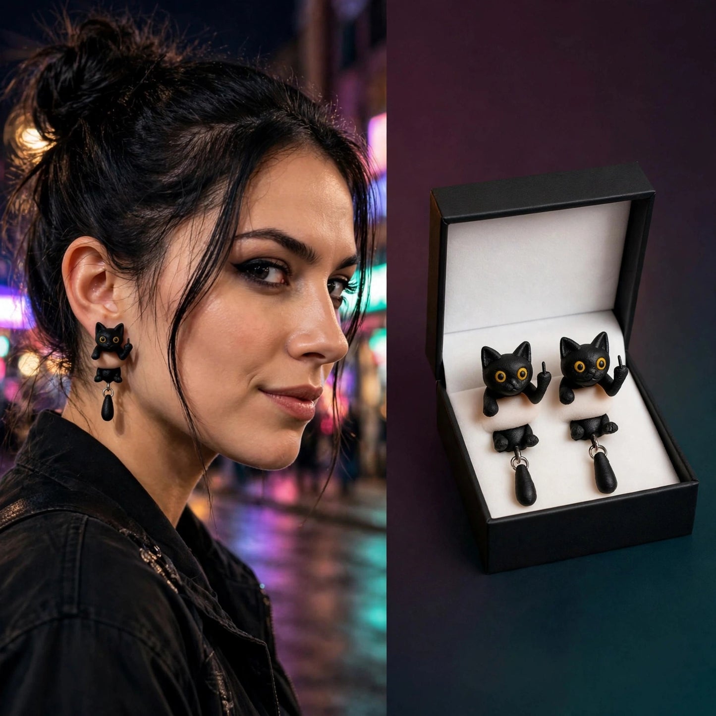 Cute 3D Black Cat Flipping The Bird Earrings