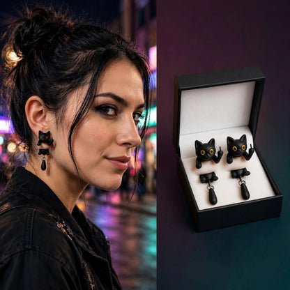 Cute 3D Black Cat Flipping The Bird Earrings