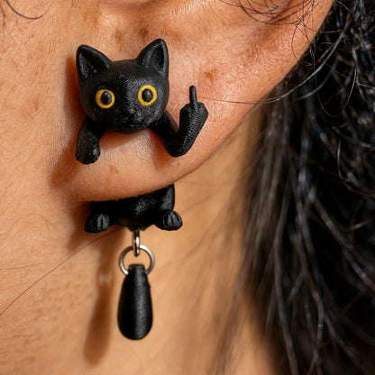 Cute 3D Black Cat Flipping The Bird Earrings