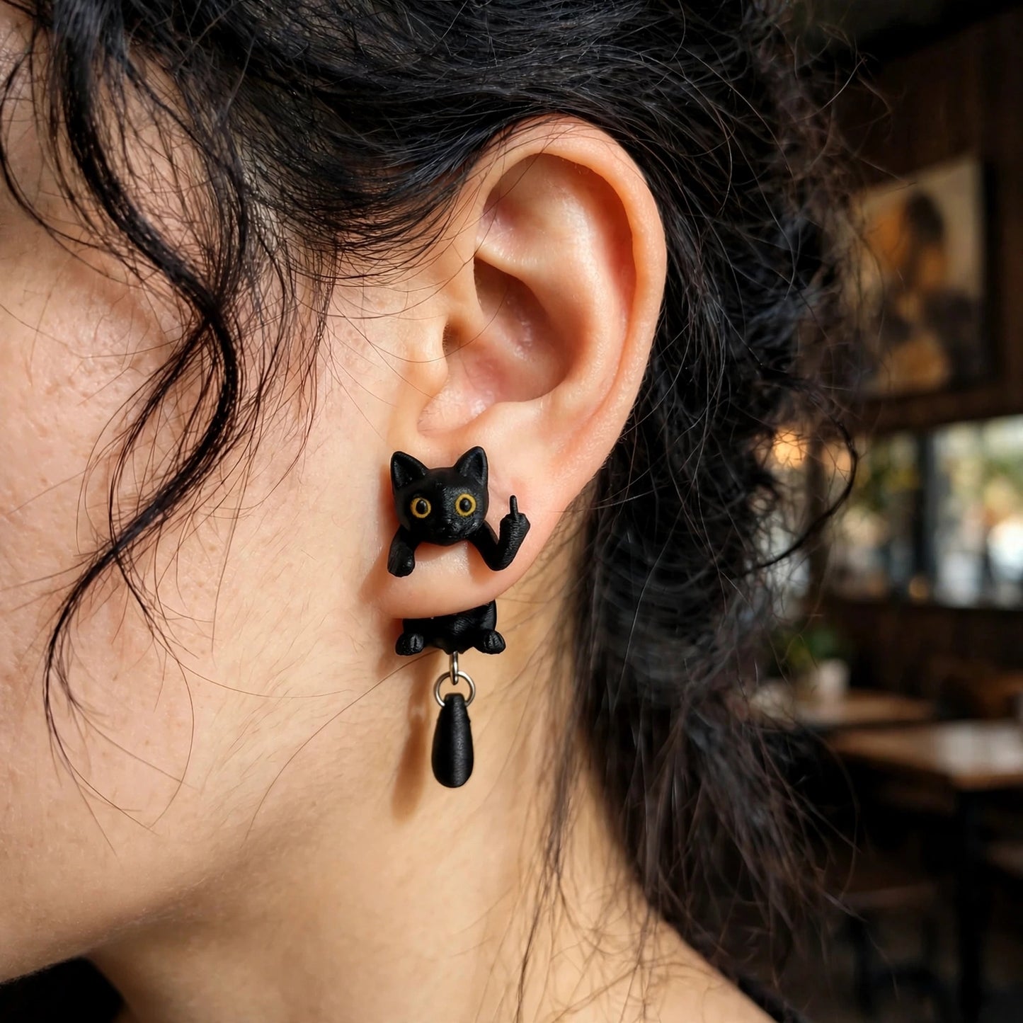 Cute 3D Black Cat Flipping The Bird Earrings