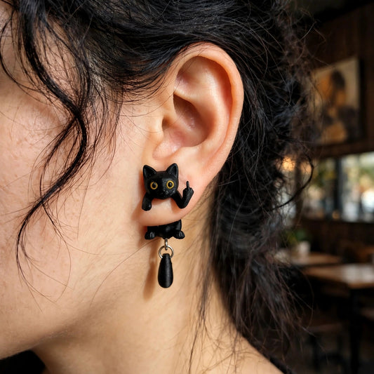 Cute 3D Black Cat Flipping The Bird Earrings