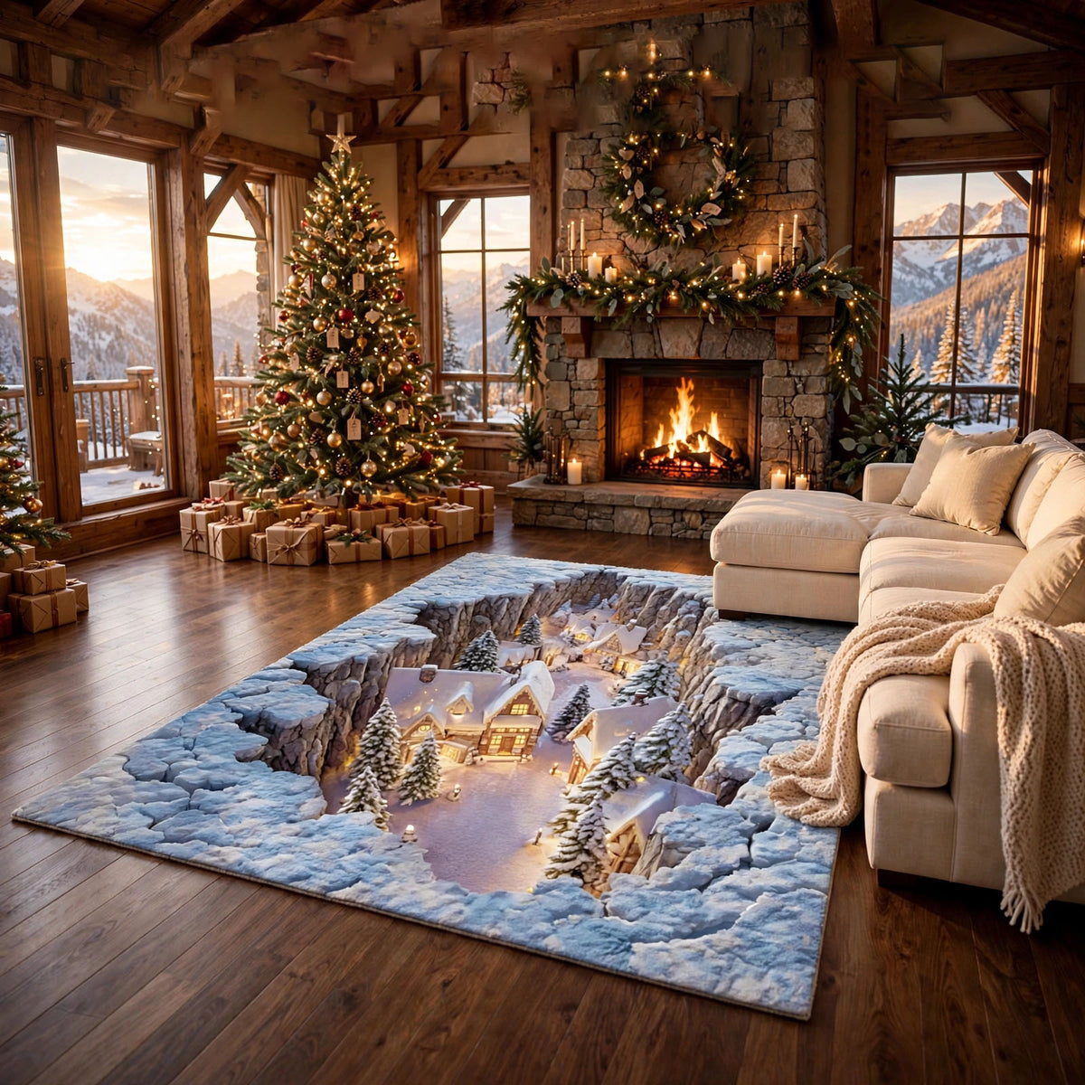 Winter Wonderland Snowy Village 3D Illusion Area Rug - H728
