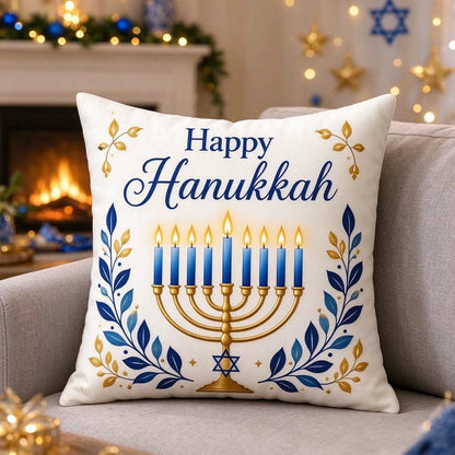 Hanukkah Decorative Pillow Covers – Blue & Gold Menorah Designs