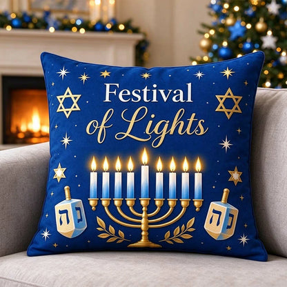 Hanukkah Decorative Pillow Covers – Blue & Gold Menorah Designs