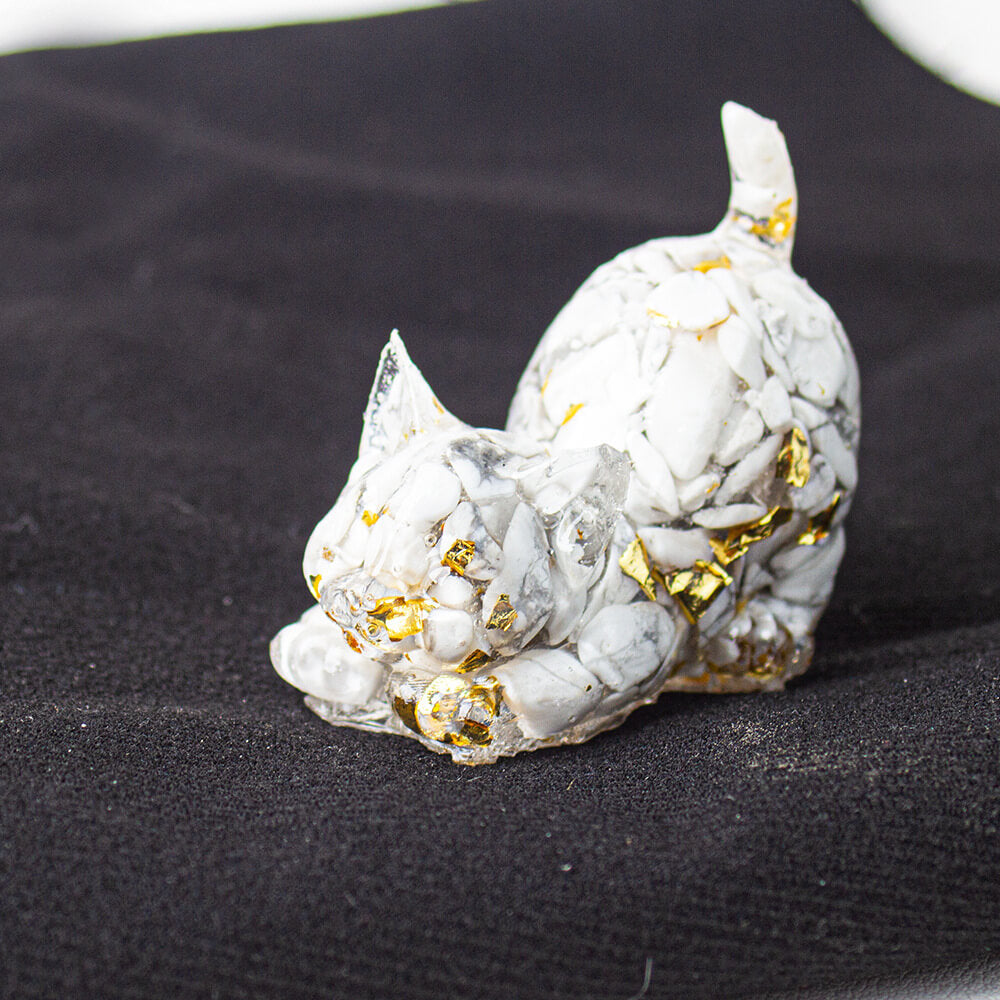 Howlite - Handmade Natural Crystal Gemstone Cat with Raised Tail
