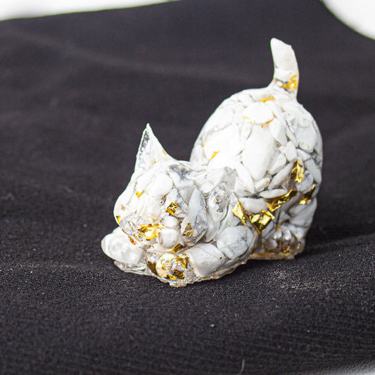 Howlite - Handmade Natural Crystal Gemstone Cat with Raised Tail