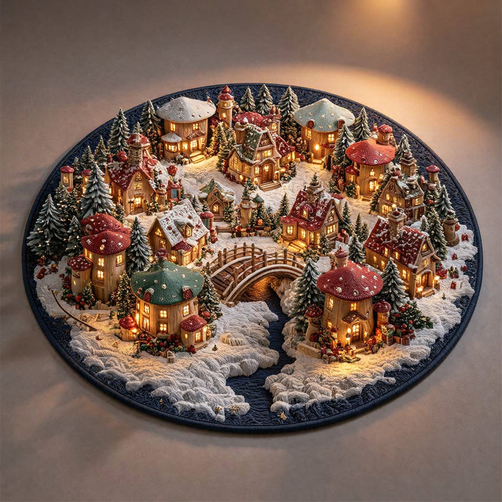 Magical Christmas Mushroom Village Round Rug - J098