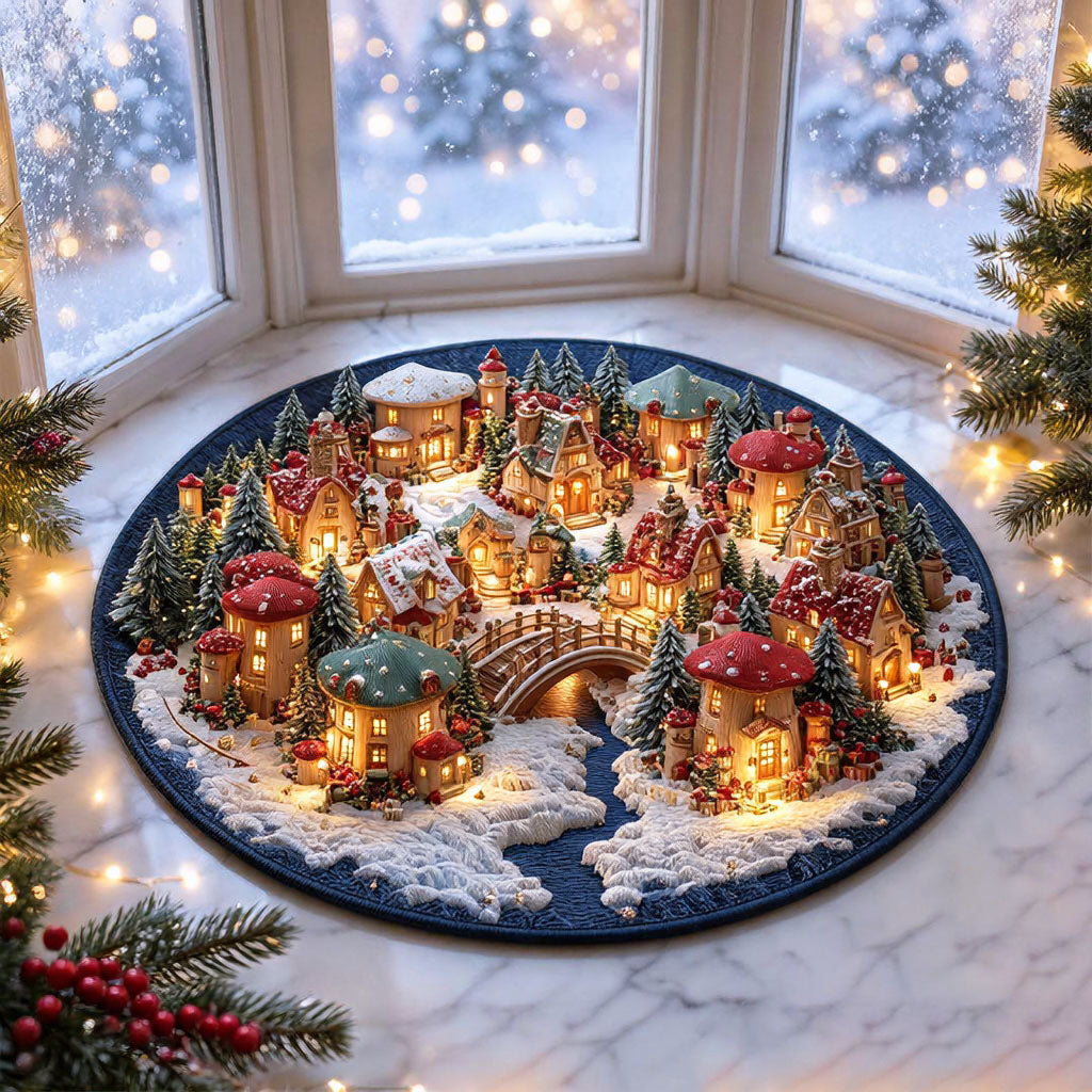 Magical Christmas Mushroom Village Round Rug - J098