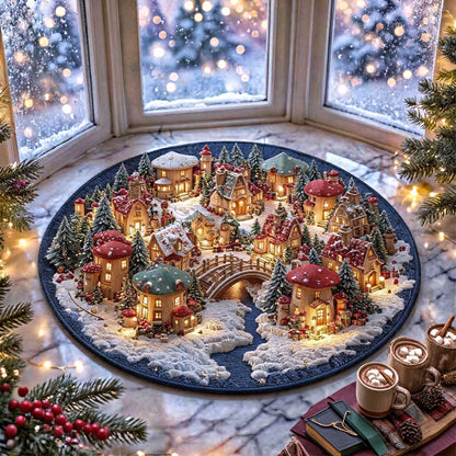 Magical Christmas Mushroom Village Round Rug - J098