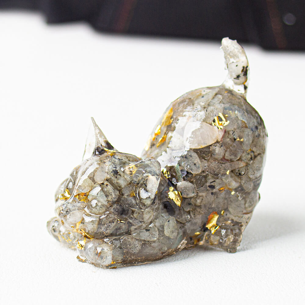 Grey Labadorite - Handmade Natural Crystal Gemstone Cat with Raised Tail