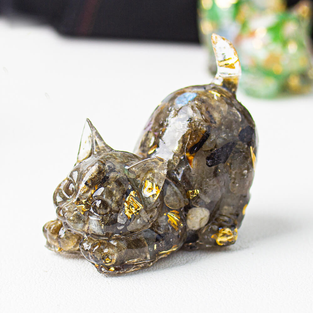 Black Labradorite - Handmade Natural Crystal Gemstone Cat with Raised Tail