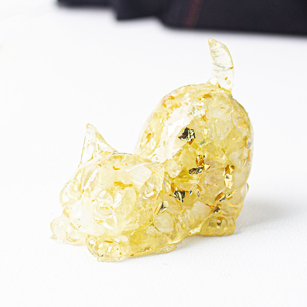 Lemon Citrine - Handmade Natural Crystal Gemstone Cat with Raised Tail