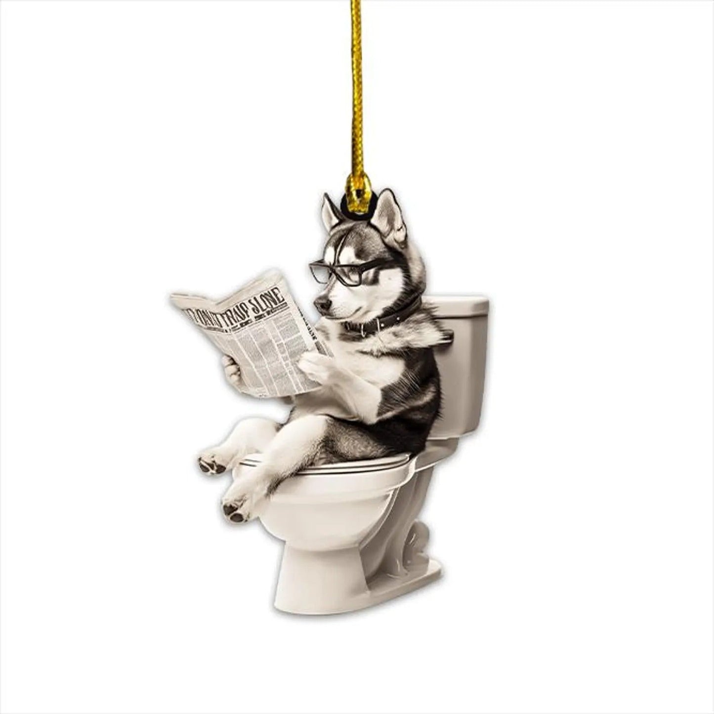 Siberian Husky - Dog Sitting On Toilet Ornament  OT002