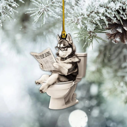 Siberian Husky - Dog Sitting On Toilet Ornament  OT002