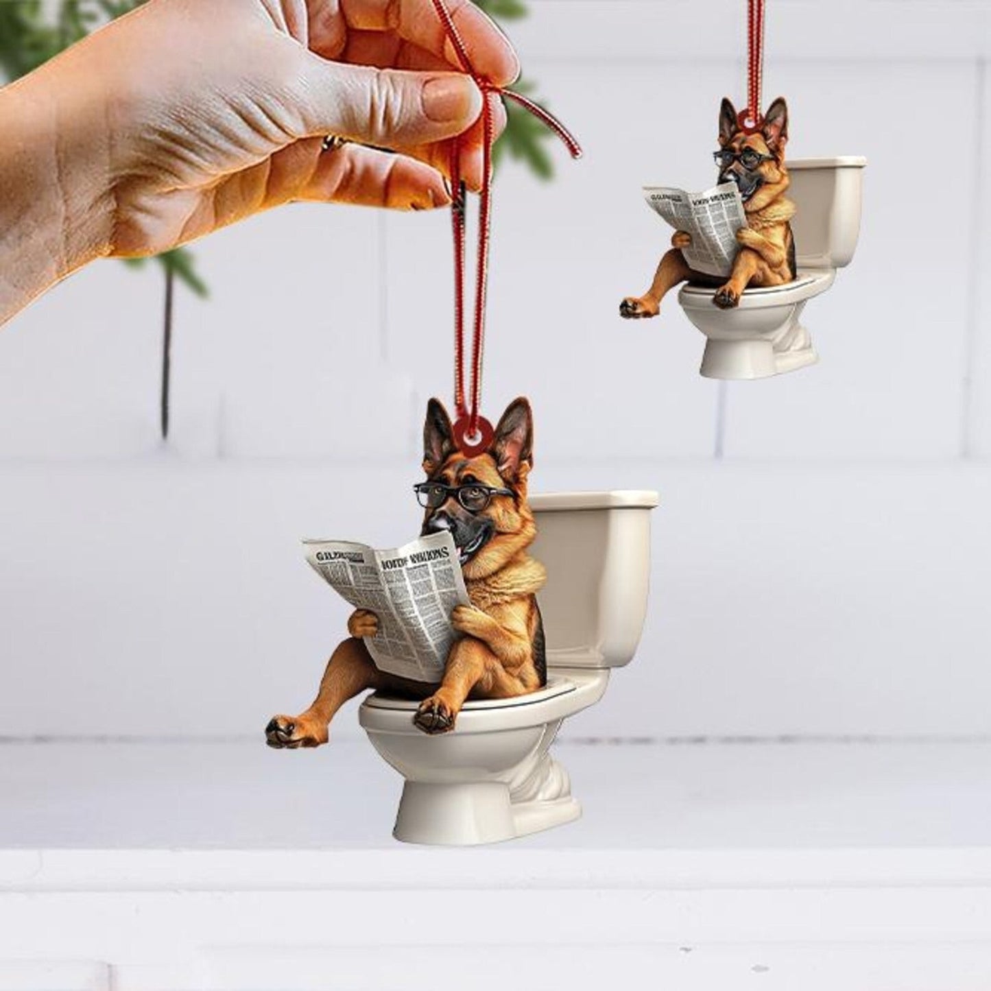 German Shepherd - Dog Sitting On Toilet Ornament  OT004