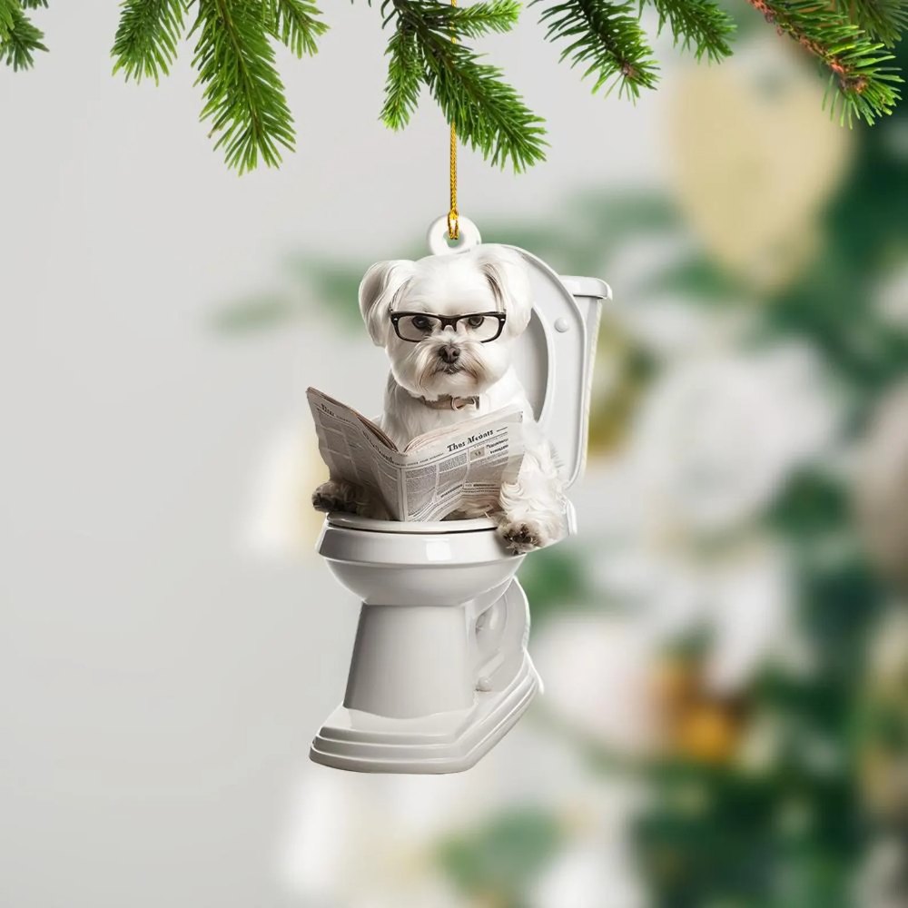 Maltese - Dog Sitting On Toilet Ornament  OT012
