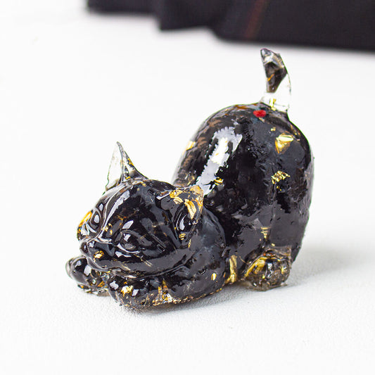 Obsidian - Handmade Natural Crystal Gemstone Cat with Raised Tail