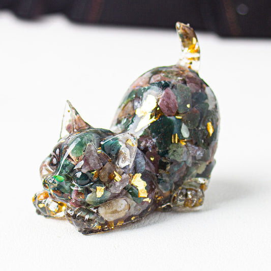 Ocean Jasper - Handmade Natural Crystal Gemstone Cat with Raised Tail