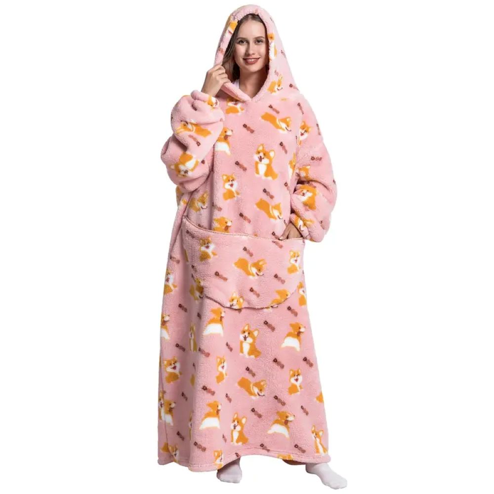 Oversized Wearable Hoodie Blanket – Pink Corgi