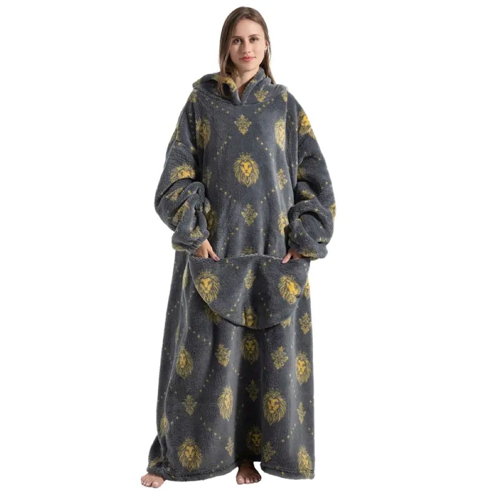 Oversized Wearable Hoodie Blanket – Gray Lion