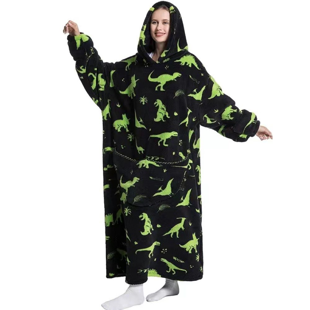 Oversized Wearable Hoodie Blanket – Black Green Dinosaur