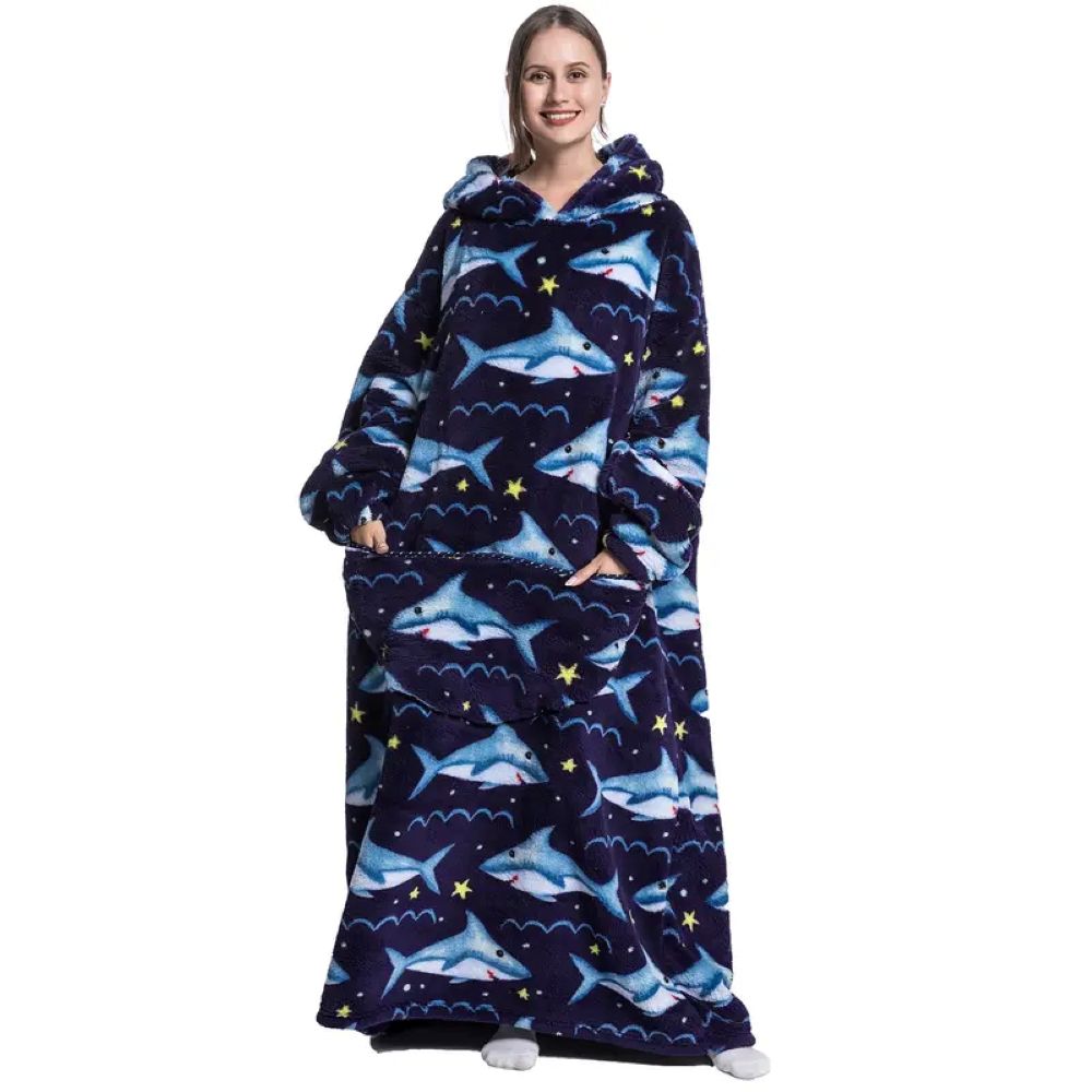 Oversized Wearable Hoodie Blanket – Blue Shark