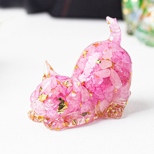Pink Crystal - Handmade Natural Crystal Gemstone Cat with Raised Tail