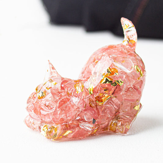 Pink Opal - Handmade Natural Crystal Gemstone Cat with Raised Tail