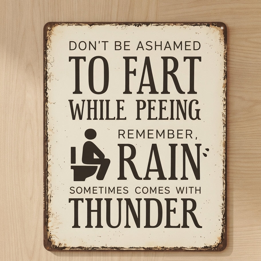 "Rain Sometimes Comes With Thunder" Funny Bathroom Metal Sign - BW078