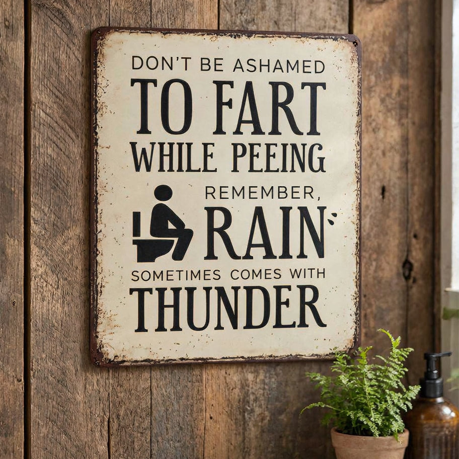 "Rain Sometimes Comes With Thunder" Funny Bathroom Metal Sign - BW078