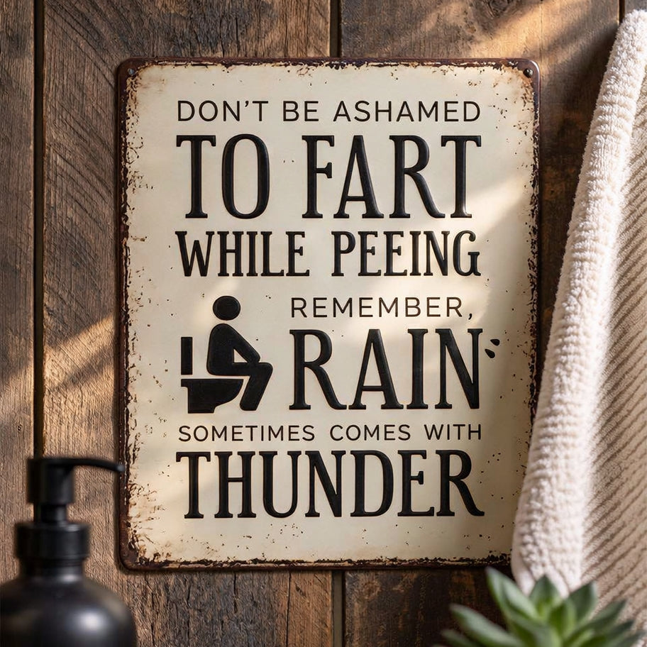 "Rain Sometimes Comes With Thunder" Funny Bathroom Metal Sign - BW078