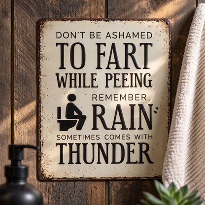"Rain Sometimes Comes With Thunder" Funny Bathroom Metal Sign - BW078
